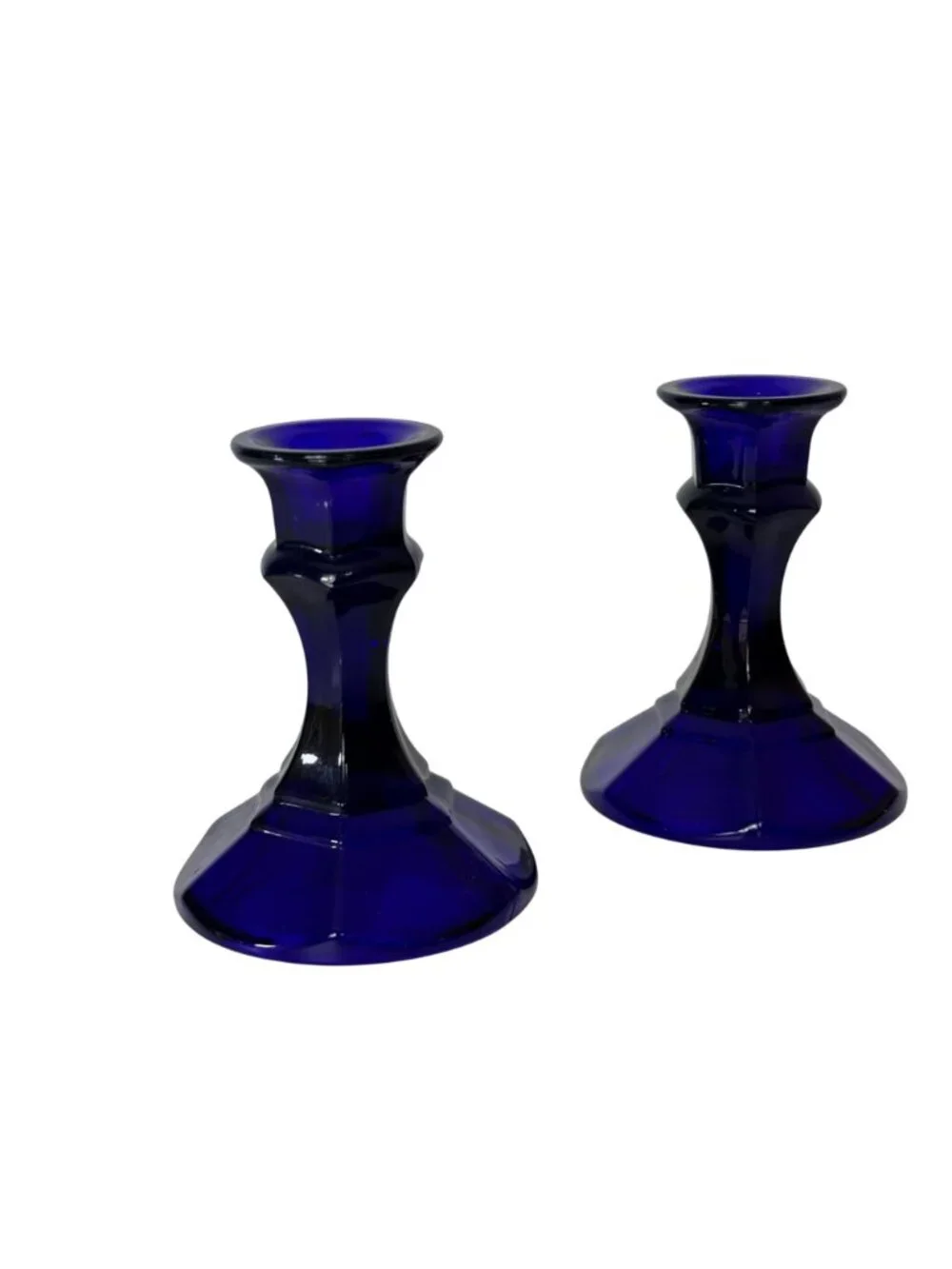 Vintage Blue Glass Candlestick Holders Set of 2 Romantic Cobalt Taper Candle MCM